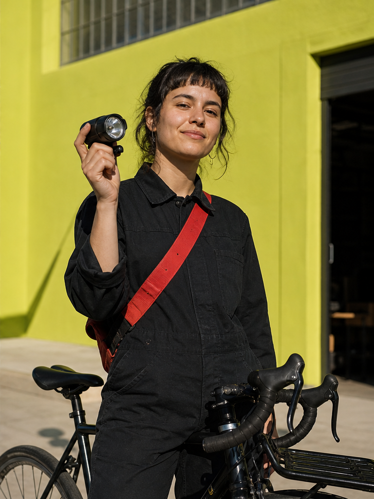 Bicycle courier proudly holding a repaired bike light