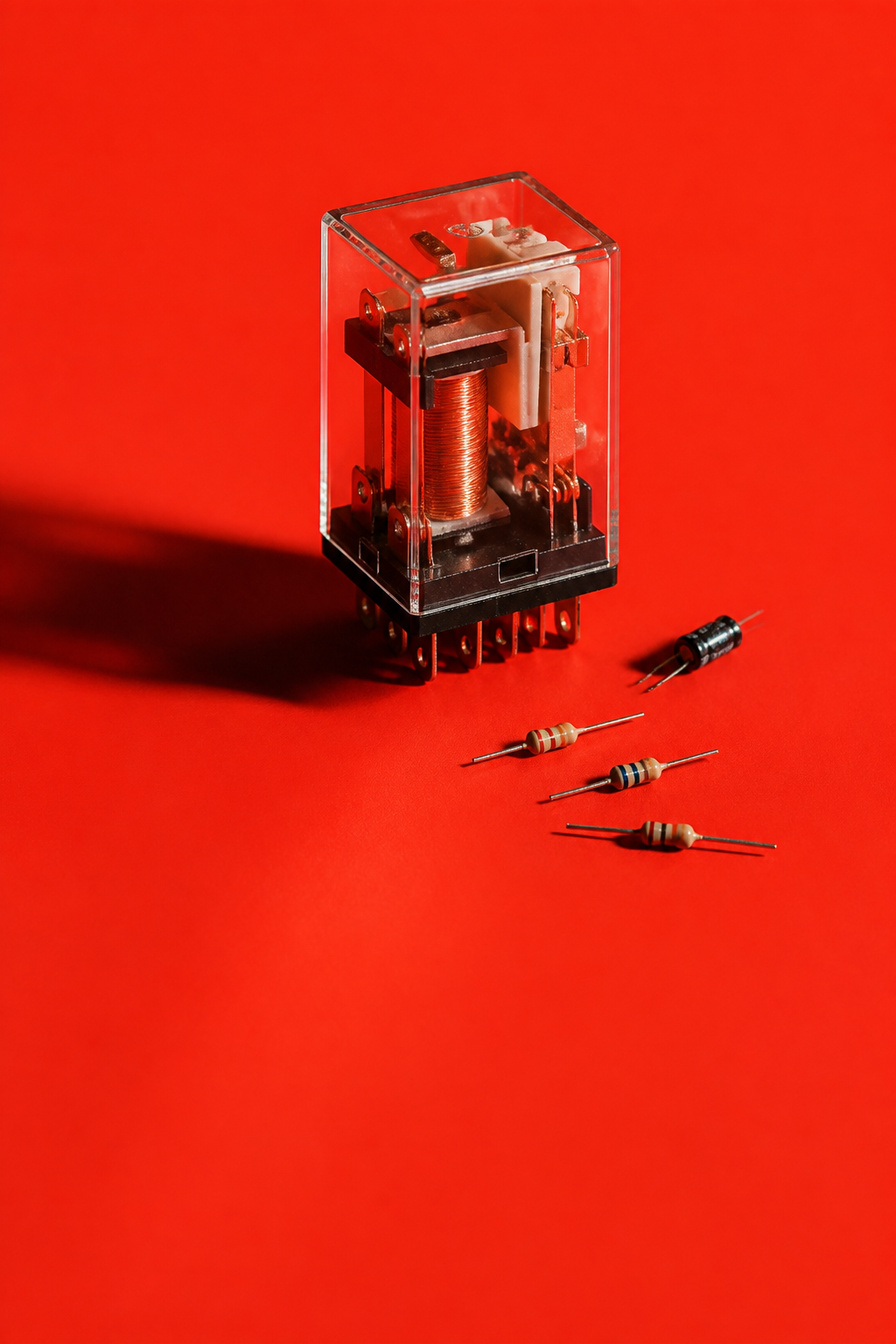 Transparent electronic relay and tiny components on a signal-red background