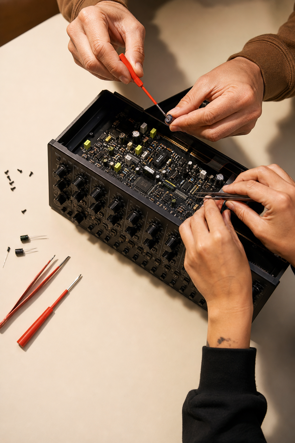 Hands replacing an electronic component inside an analog synthesizer