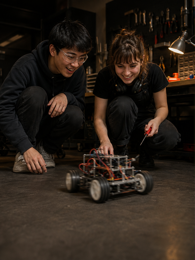 Two young makers testing a hand-built wheeled robot in a workshop