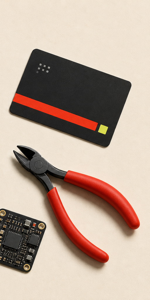 Matte black gift card with red tools and a compact circuit board