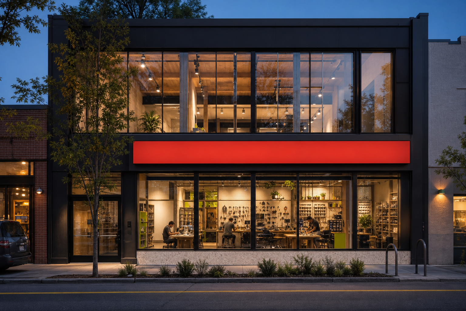 Modern neighborhood electronics workshop storefront at dusk