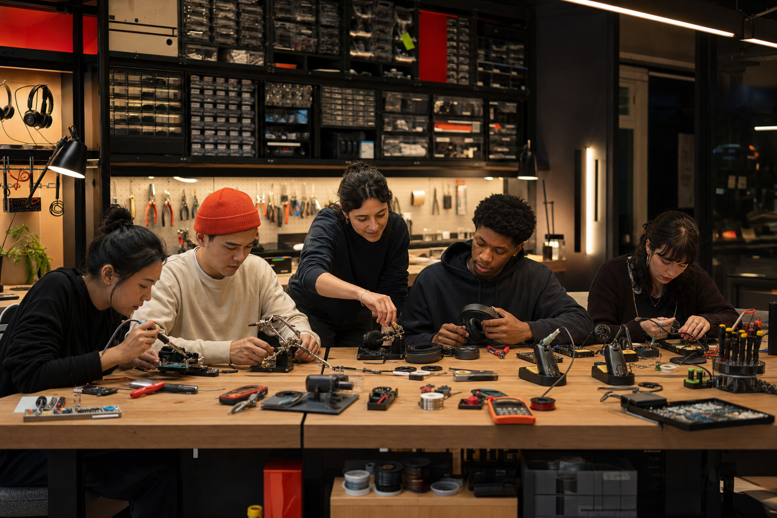 People learning to solder and repair electronics at a shared workshop bench